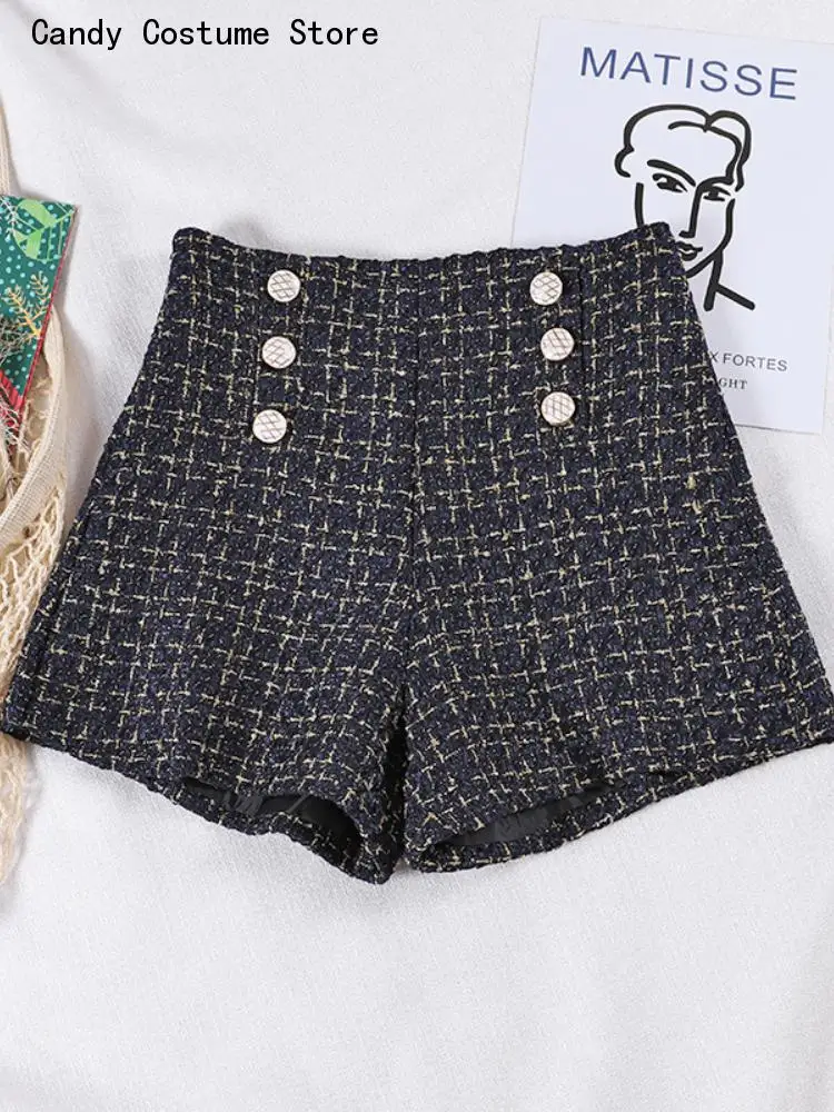 Female Fashion Black Shorts New Spring Autumn Double Breasted Shorts Women Tweed Shorts Retro High Waist