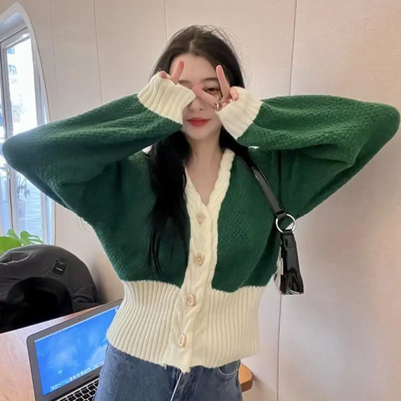 Женский вязаный кардиган с рукавами-фонариками короткий свитер в стиле ретро