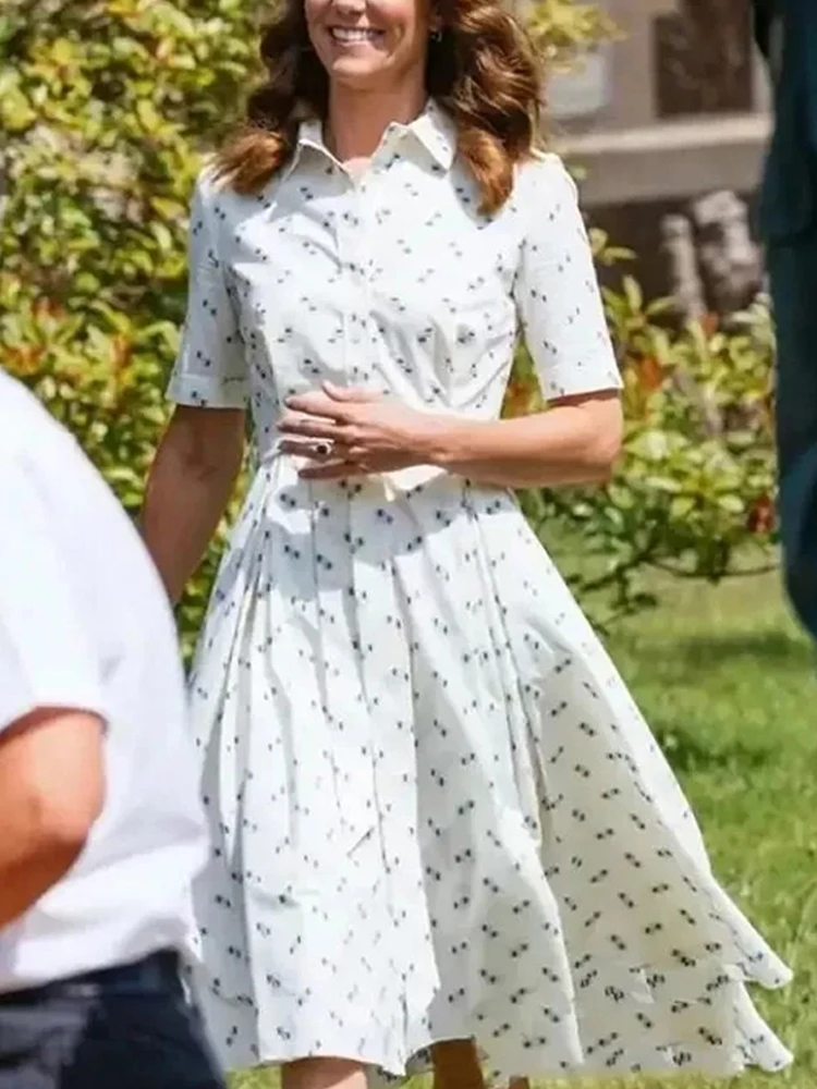 

High Quality Elegant Party Casual Office Single Breasted Printed Shirt Dress Princess Fashion New Women Spring Summer Midi Dress