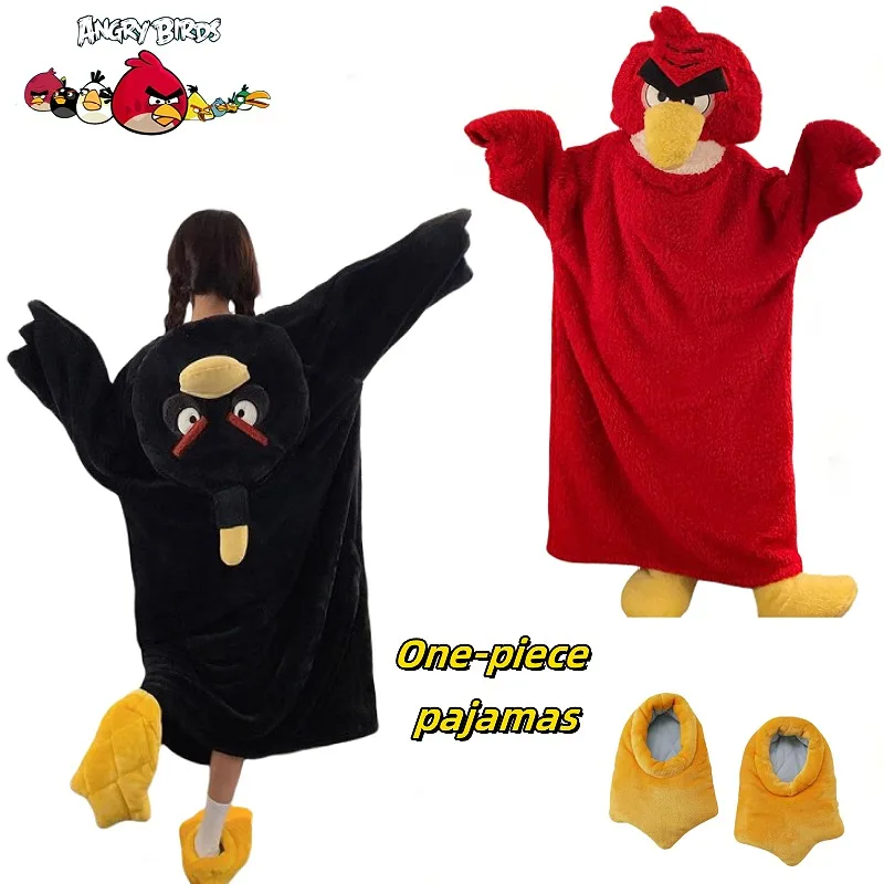 Angry Birds Bomb Коралловый бархат Цельная пижама с капюшоном из мультфильма Утолщенные