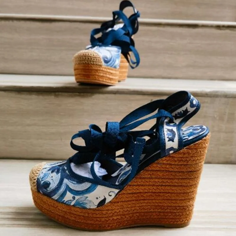 

Blue White Printed Brocade Fabric Women's Rope-soled Wedge Sandals Lace Up Round Toe Woven Platform Espadrille Sandals
