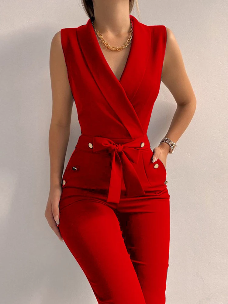 

Commute Fashion Solid Lady Jumpsuit Women Sleeveless Tie-Up Pocket Overalls Playsuit Elegant Metal Button Office Romper Bodysuit