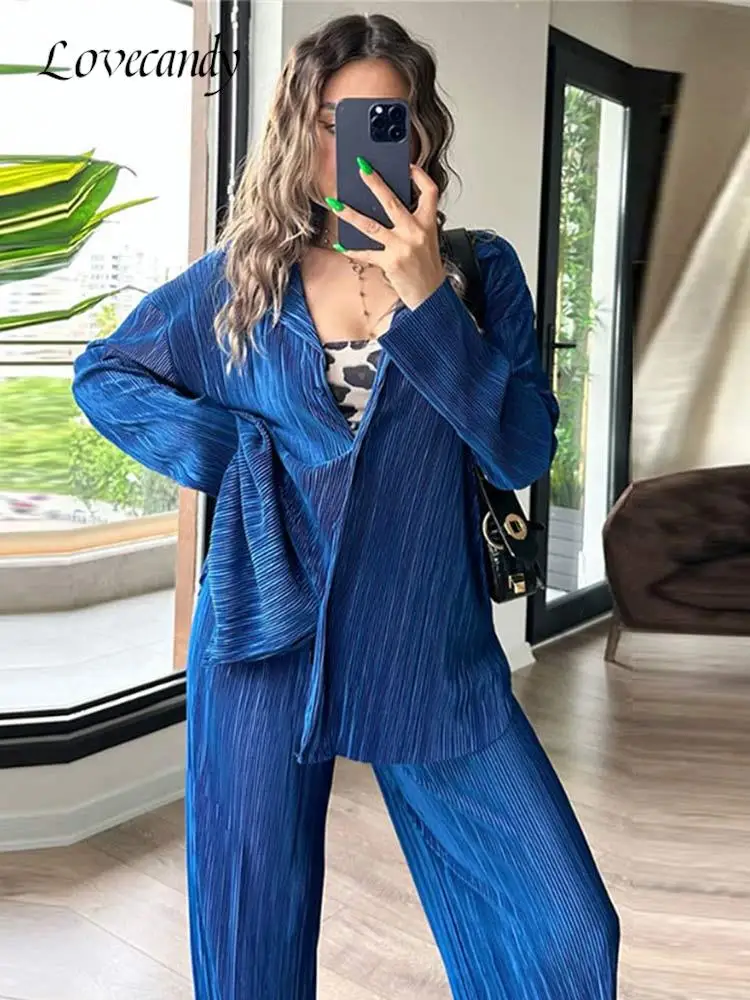 

Женский офисный комплект из двух предметов, элегантная Однотонная рубашка с длинным рукавом и отложным воротником и свободные брюки, повседневная женская одежда