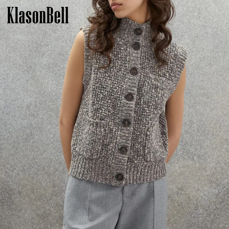 

10,27 KlasonBell Модный классический шерстяной кашемировый воротник-стойка однобортный двойной вязаный жилет женский