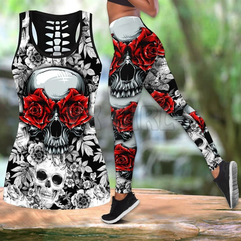 Red Rose Skull 3D All Over Printed Combo Tanktop + Legging 3D Printed Tank Top+Legging Combo Outfit Yoga Fitness Legging Women