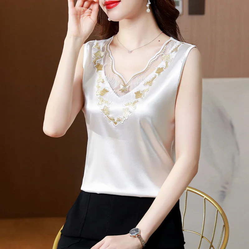 

Новинка 2022, Атласный топ, Женская кружевная майка, Базовый костюм, Шелковый укороченный топ без рукавов, однотонная модная женская одежда