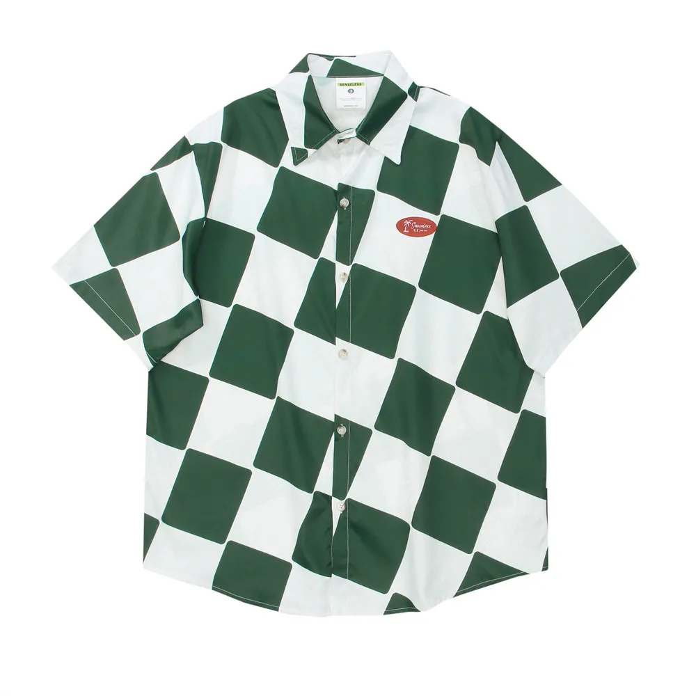 

T-shirt men's ins street contrast color plaid shirt short-sleeved tide brand loose lapel shirt summer five-point sleeve cardigan