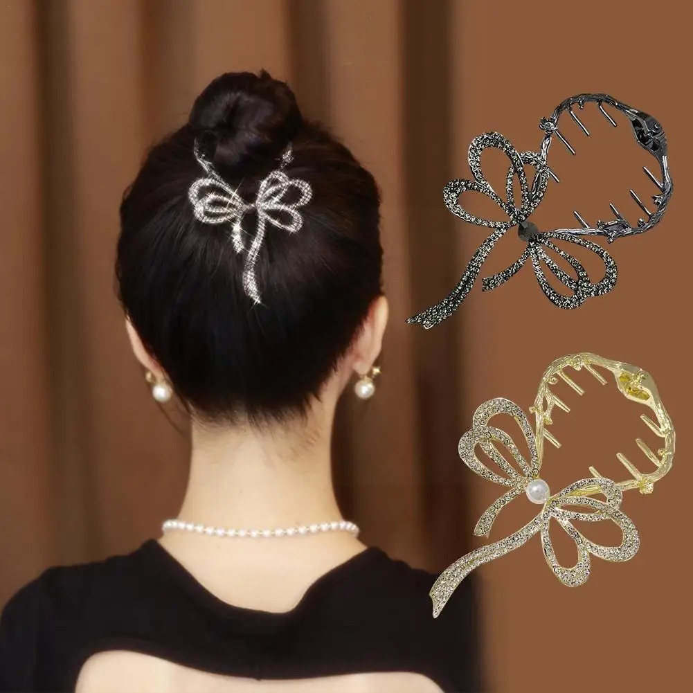 

Bow Light Luxury Hairpin Korean Rhinestone Bow Hair Crab Ponytail Bun Holder Retro Barrettes Claws Clip Hair Hairpins Women A1Y7