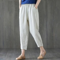 solid color 2022 new summer women cotton linen pants elastic waist casual loose vintage straight trousers fashion streetwear