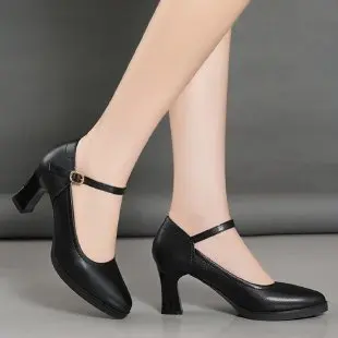 

Cresfimix Women Fashion Beige Pu Leather Square Heel Shoes for Office Lady Classic Black Heel Pumps Mulheres