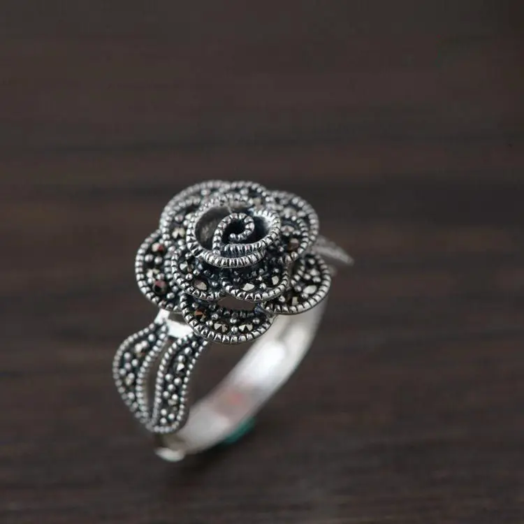 

Vintage Rose Inlaid Zircon S925 Silver Ring Women's Personality Jewelry Adjustable Thai Silver Ring