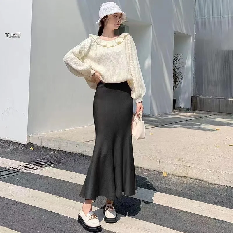 

Casual Skirt female Knitted Long Skirt A Self covering Half length Skirt Women Mid length Wrapped Hip Fishtail Skirt Female