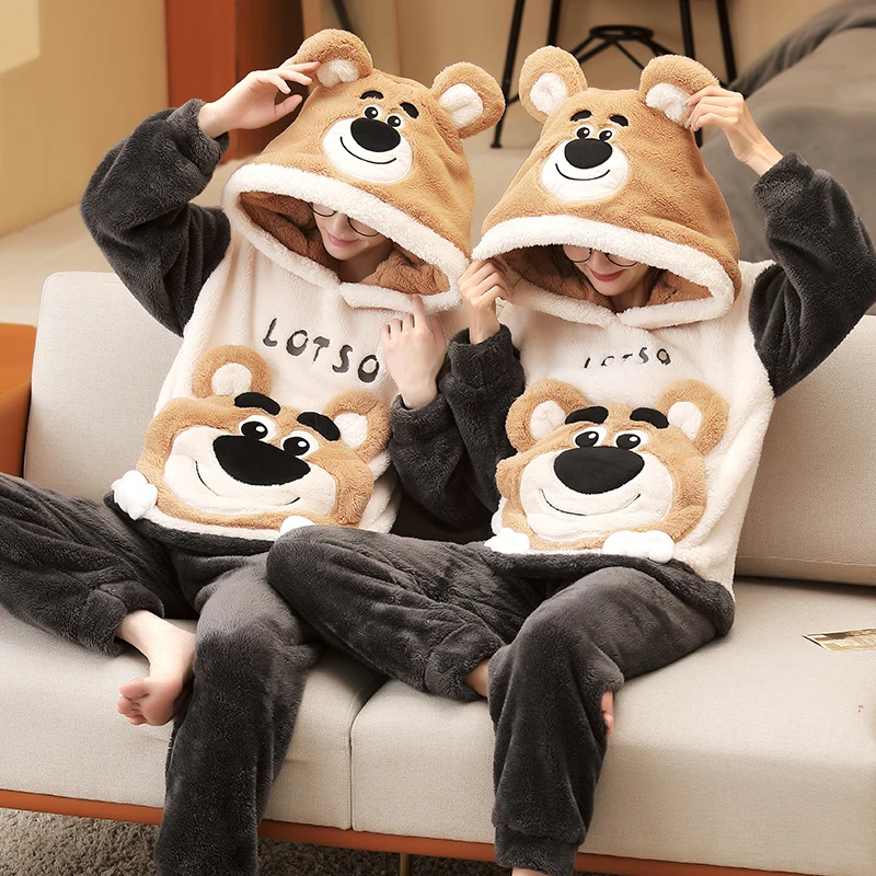 Winter Couple Pajamas Set Thicken Women Men Pajama Sleepwear Cartoon Bear Soft Warm Lovers Adult Homewear Hoodies Pyjamas Suit