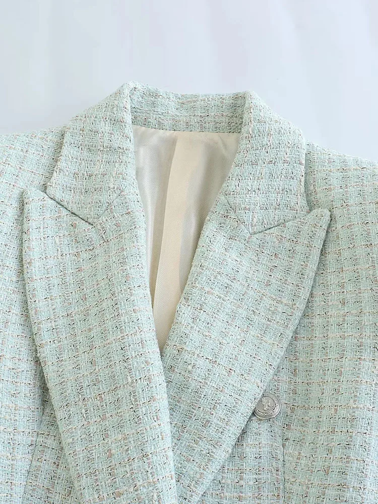 PAILETE Women 2023 fashion textured double breasted blazer coat vintage long sleeve flap pockets female outerwear chic veste