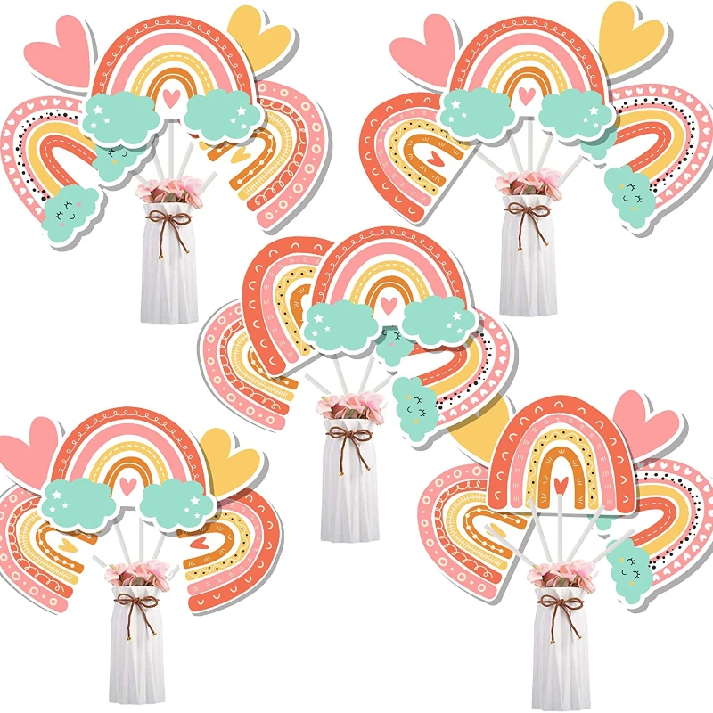 

Funmemoir 24 Pieces Boho Rainbow Centerpiece Sticks Boho Themed Baby Shower Birthday Table Toppers Double Side Photo Booth Props