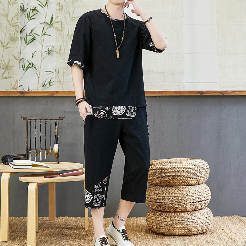 Мужской комплект из футболки с коротким рукавом и брюк хлопка льна - купить по