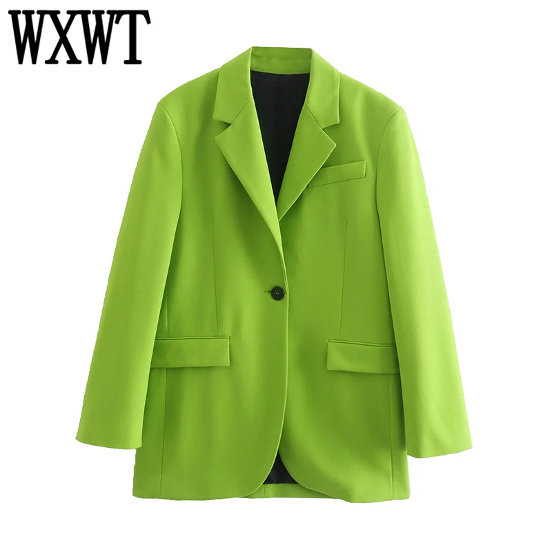 

WXWT Women Pocket Decoration Loose Blazer Long Sleeve Single Button Jacket Office Lady Green Tops CD8427