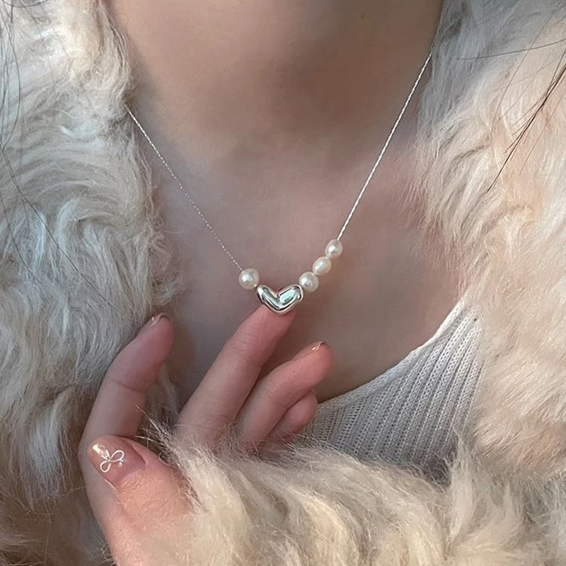 Жемчужное Ожерелье В Форме Сердца Корейском Стиле Простое Универсальное Модное