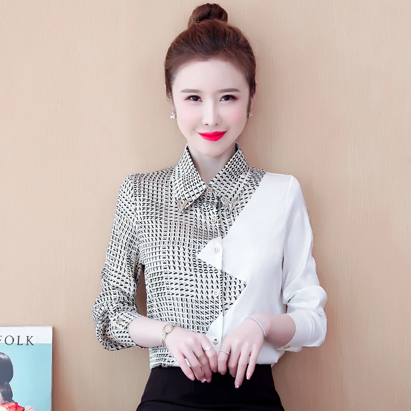 

Шифоновая женская блузка с принтом, рубашка-поло для девочек, повседневный летний топ с длинным рукавом, модная женская одежда для весны ...