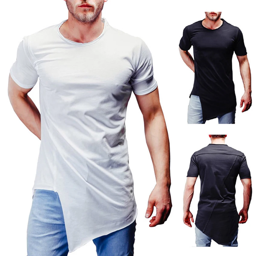 

Fashion Summer Men's Short Sleeve T-shirt New Irregular Hem Splicing T-shirt For Men top Solid O-neck Tshirt Clothes Man
