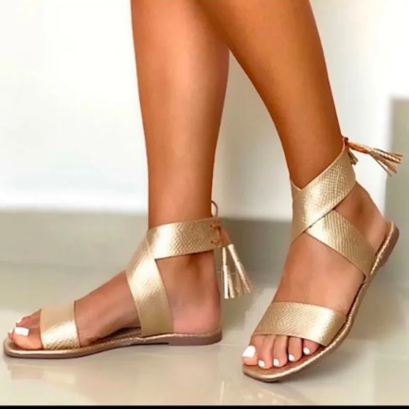 

Large Size Women's Shoes 2022 Summer New Style Flat Tassel Round Toe Lace-up Women's Sandals zapatillas mujer