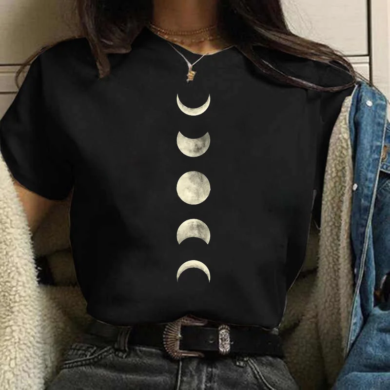 Moon Space Women Casual Print T-shirt Girl 2023 Summer O Neck Harajuku Y2k Funny Cute Tops Tee Female Clothes
