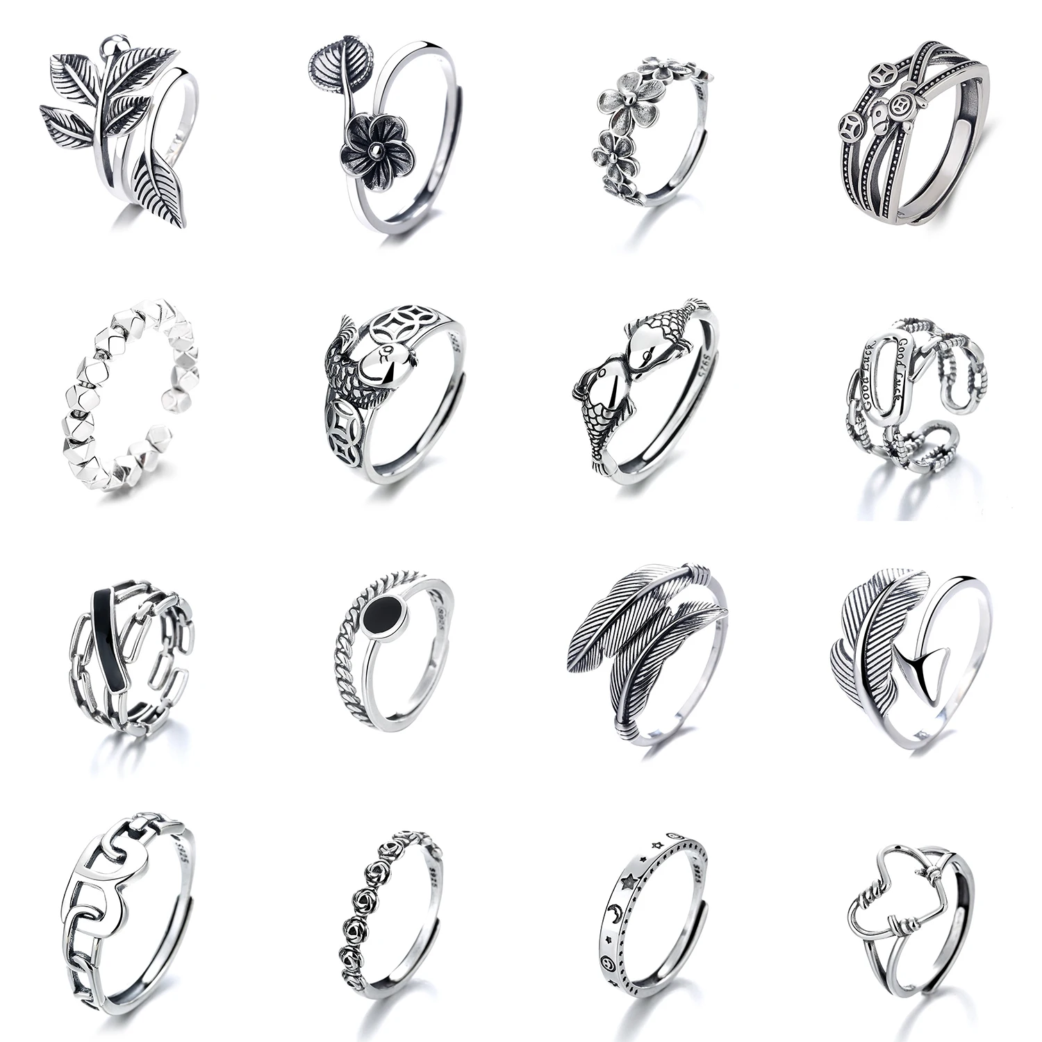 

Flower Fish Chain Heart Letter Rings for Women Real 925 Sterling Silver Retro Party Anniversary Luxury Fine Jewelry Lover Gifts