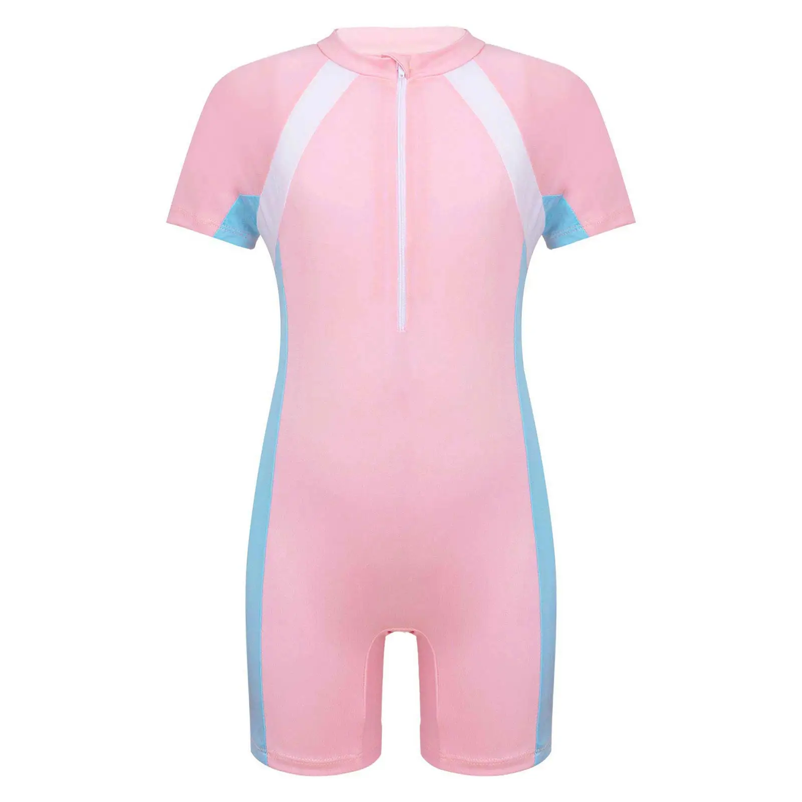 

Детский слитный купальник для девочек, купальник с ложным воротником и коротким рукавом, купальный костюм на молнии спереди, комбинезон, боди, пляжная одежда