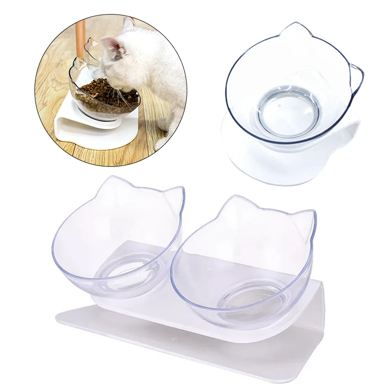 

Double Cat Bowl With Raised Stand Non Slip Pet Food Cat Feeder Protect Cervical Vertebra Dog Bowl Transparent Home Pets Products