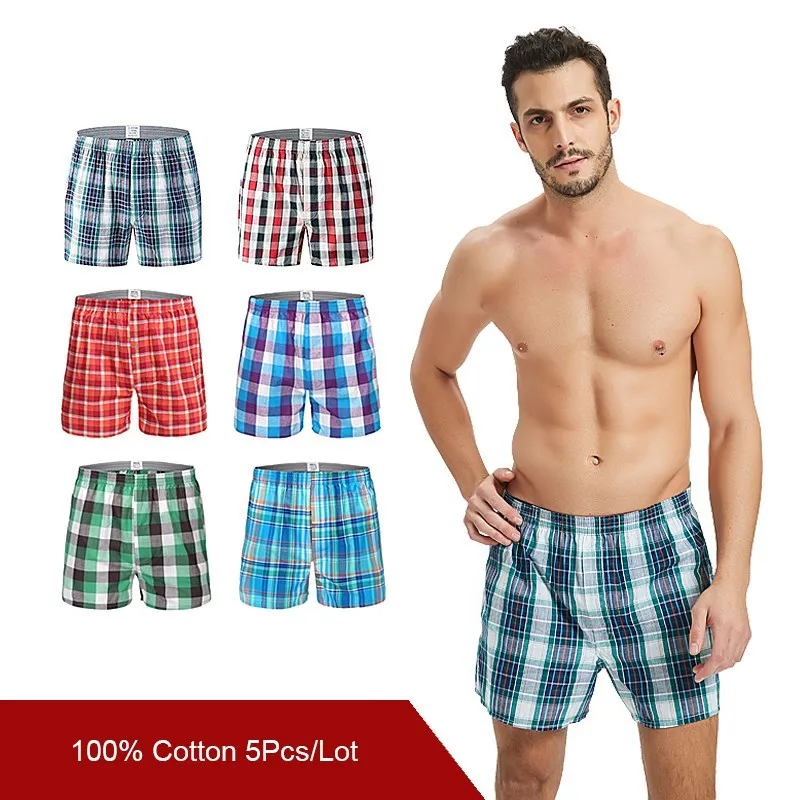 5pcs/lot Mens Underwear Boxers Shorts Striped Arrow Panties Casual Cotton Sleep Underpants Plaid Loose Comfortable Homewear