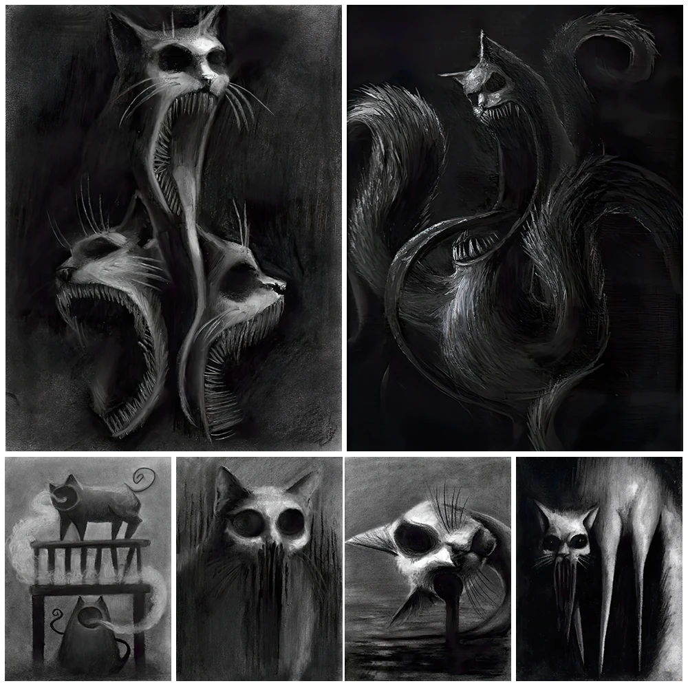 

Demon Horror Cat Black And White Wall Art Canvas Painting Screaming Cat Monster Poster And Prints For Living Room Decor Unframed