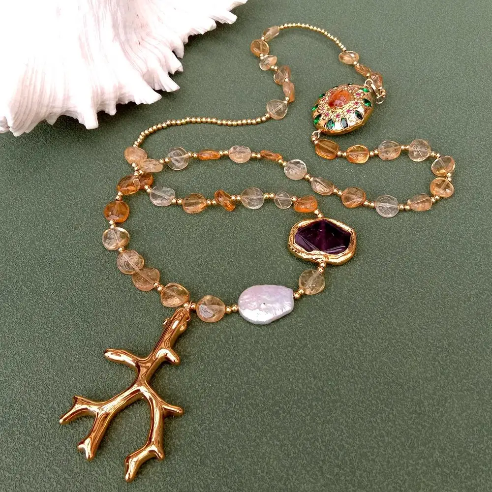 Длинное ожерелье с уникальным натуральным драгоценным камнем YYGEM 10 мм цитрин 22x28