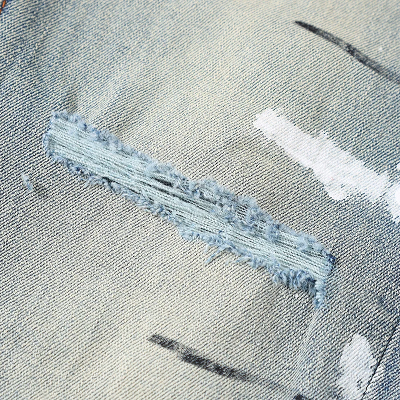 High Street Fashion Men Jeans Retro Blue Elastic Stretch Skinny Fit Ripped Jeans Men Painted Designer Hip Hop Brand Pants Hombre