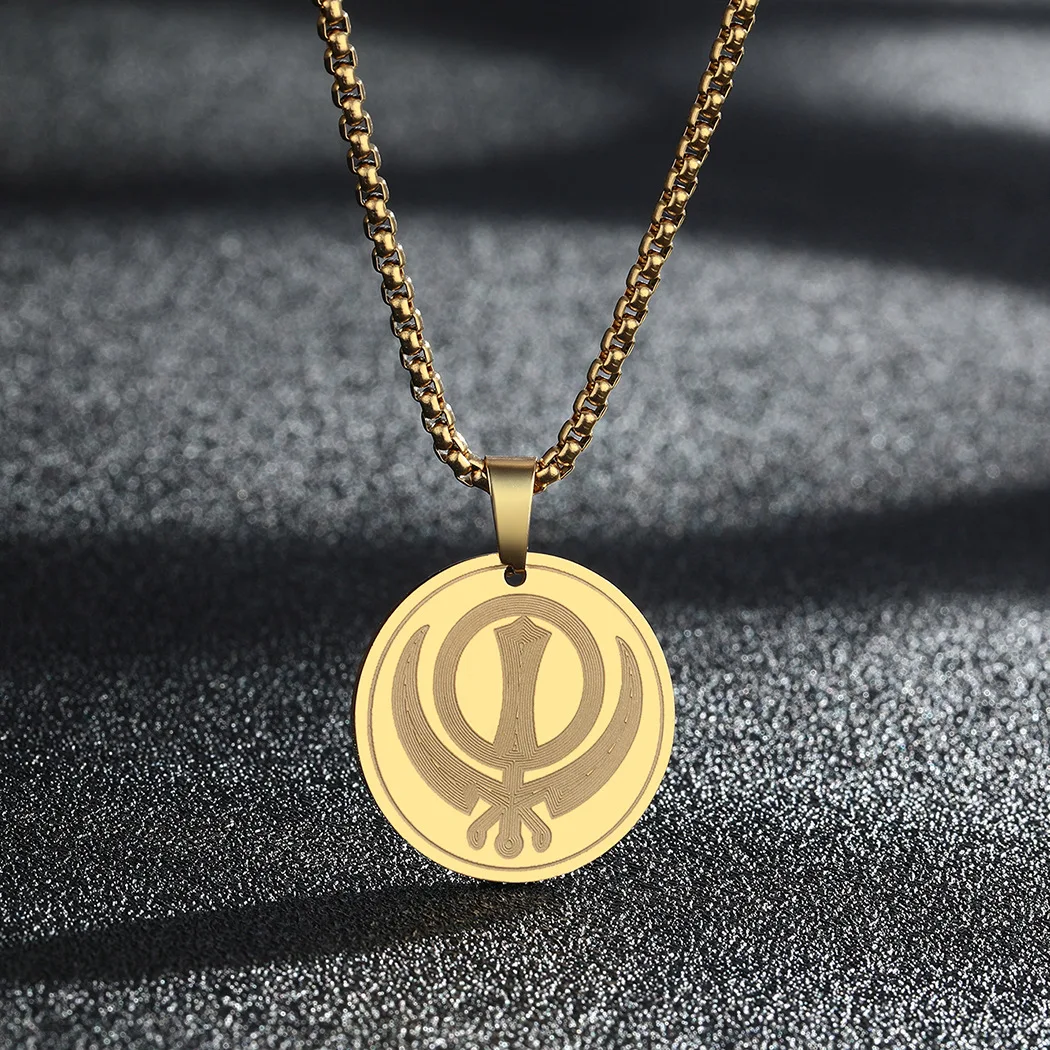Religious Sikh Symbol Pendant Necklace Stainless Steel 25mm Round Khanda Charm Logo Link Chain Jewelry |