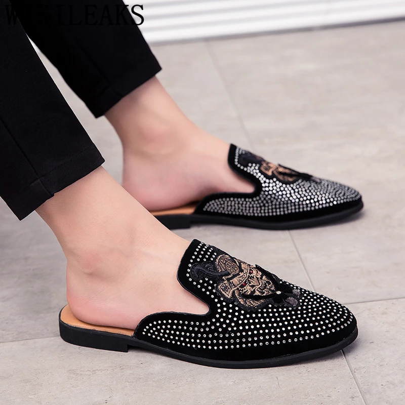 Mules Suede Shoes Men Half For Rhinestone Luxury Fashion Zapatillas Hombre Casual Sapato Social Masculino | Обувь