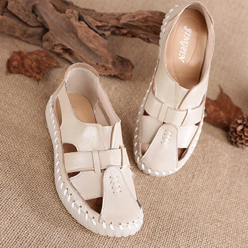 Summer Flat Sandals Woman Big Size 42 43 Round Toe Genuine Leather Thick Sole  Manual Suture Mom Hollow Sandals Casual Sneakers
