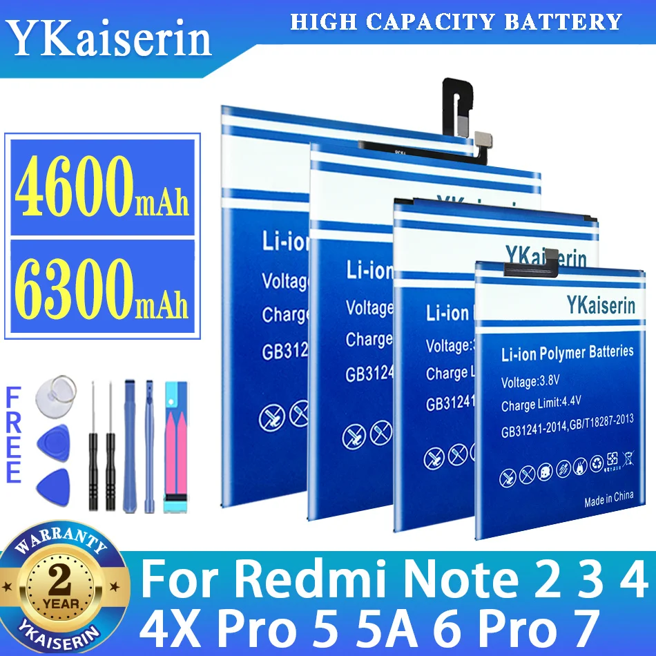 

YKaiserin Battery For Xiaomi Redmi Note 2 3 4 4X 5 5A 6 7 Pro Note2 Note3 Note4 Note4X Pro Note5 For Xiaomi Mi 5X Note 2 Note2