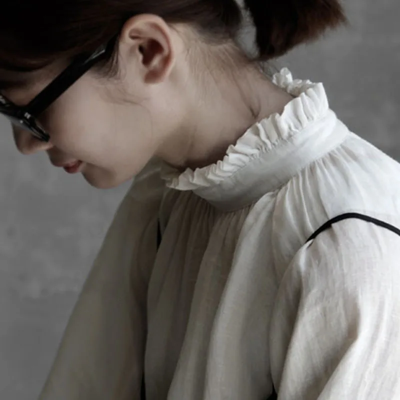 

Spring Autumn Women Loose Royal Vintage Japan Style Pleated Stand Collar Comfortable Water Washed Linen Pullover Shirts/Blouses