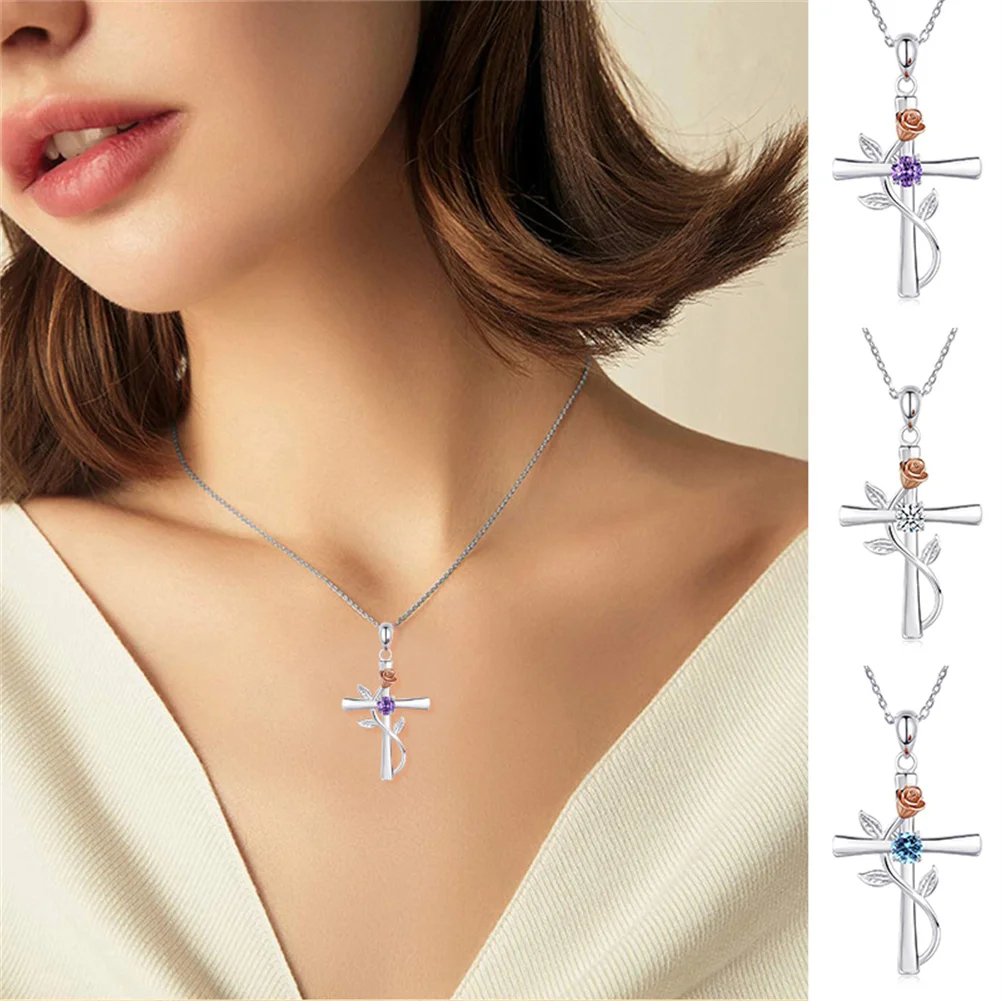 

Rose Flowers Crystal Pendant Women's Necklace Austrian Rhinestones Inlaid With Cross Pattern Pendant Jewelry Accessories 2023