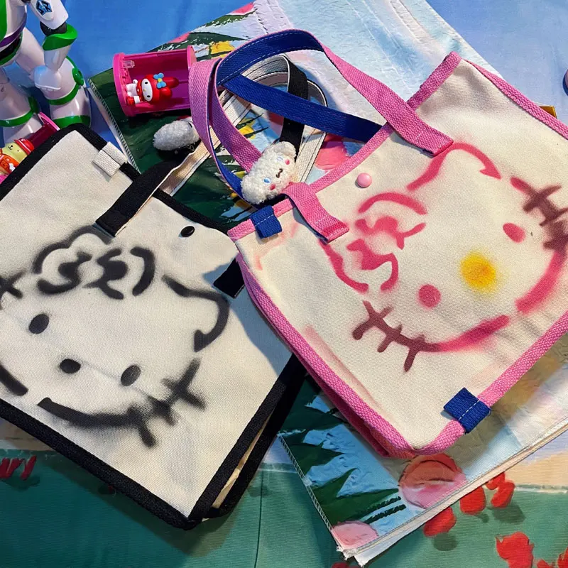 Sanrios Hello Kitty iridescence Canvas Bag Sack Shoulder Bag High Capacity Anime Cartoon Shopping bag