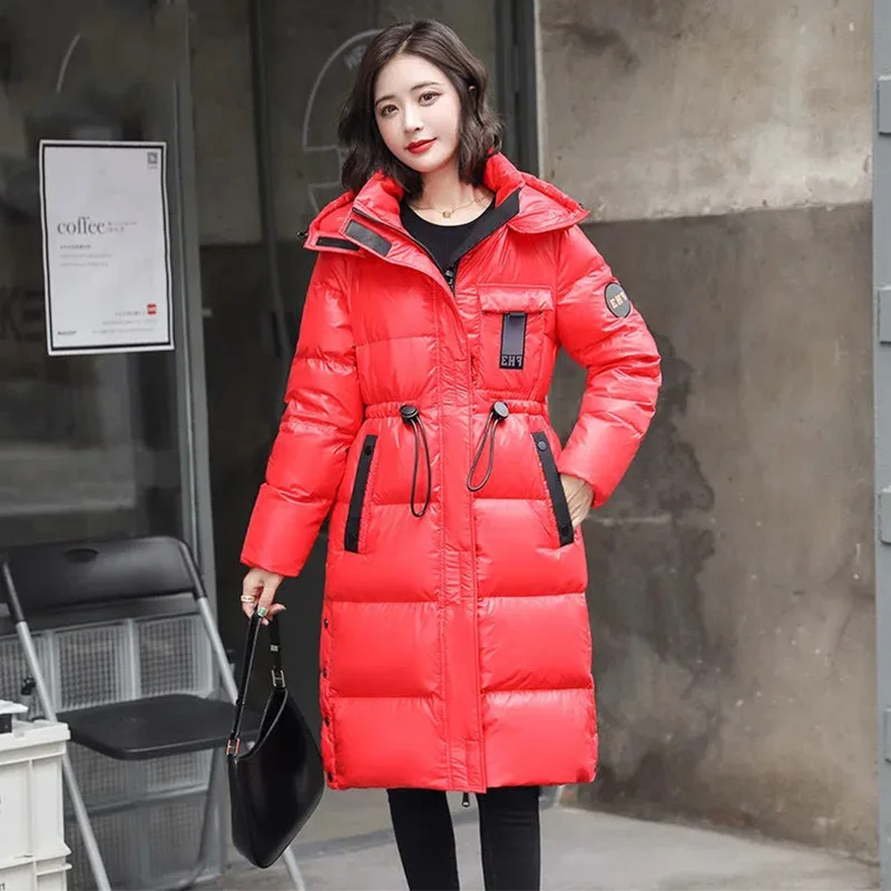 Bright Face Down Jacket Women's 2022 New Mid-Length Hooded Fashion Parkas Pull Rope Waist Thick Warm White Duck Down Coat Female