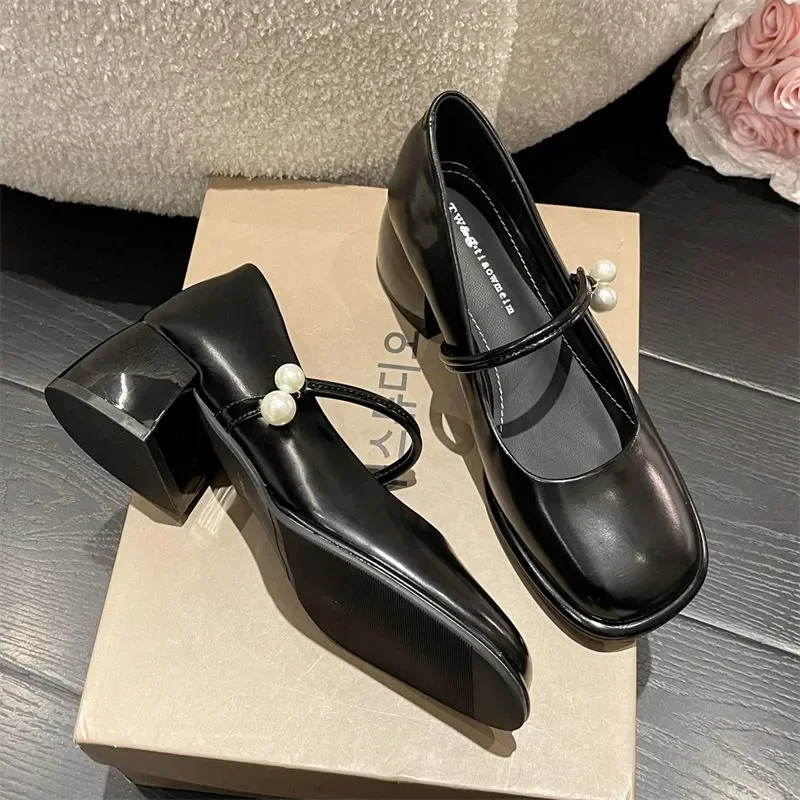 Ladies Summer Footwear Mary Jane Shoes for Women 2023 with Medium Heels Japanese Style Lolita Pearl Square Toe Gothic White Y2k