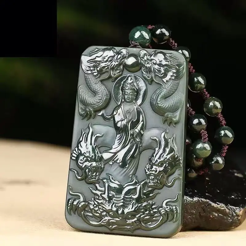

New Natural Hetian cyan Jade Carving Kowloon Guanyin Pendant Jadeite Charm Necklace Exquisite Jewelry Men Women with Chain