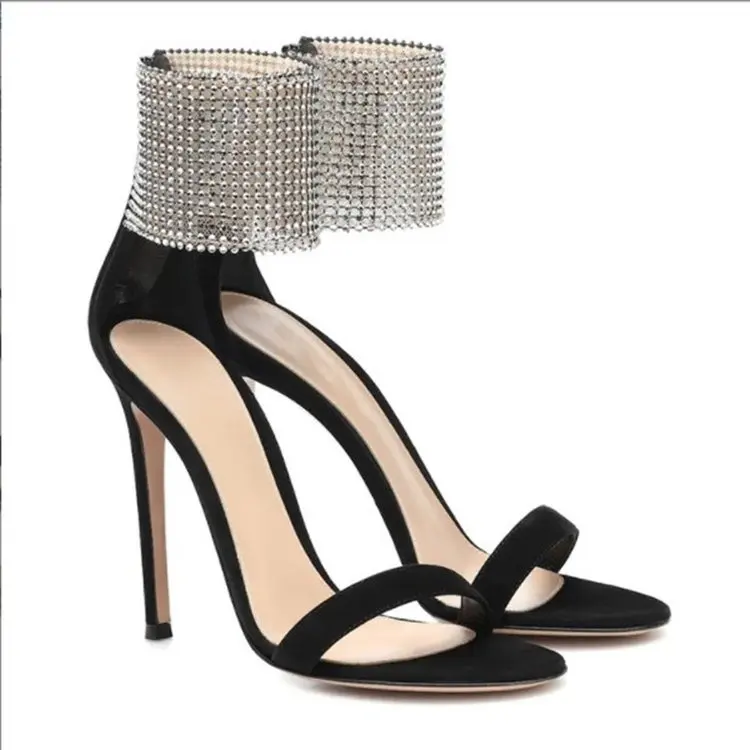 

Summer New Stiletto Sandals Women Rhinestone One-Word Buckle Strap Black High Heels Shoes Women Fashion Sandalias Mujeres