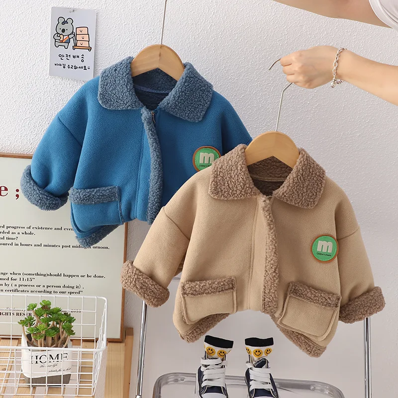 

Autumn Winter New Boy Children Cool Plus Velvet Thicken Patch Jacket Girl Baby Cotton Casual Tops Kid Fashion Warm Pockets Coat