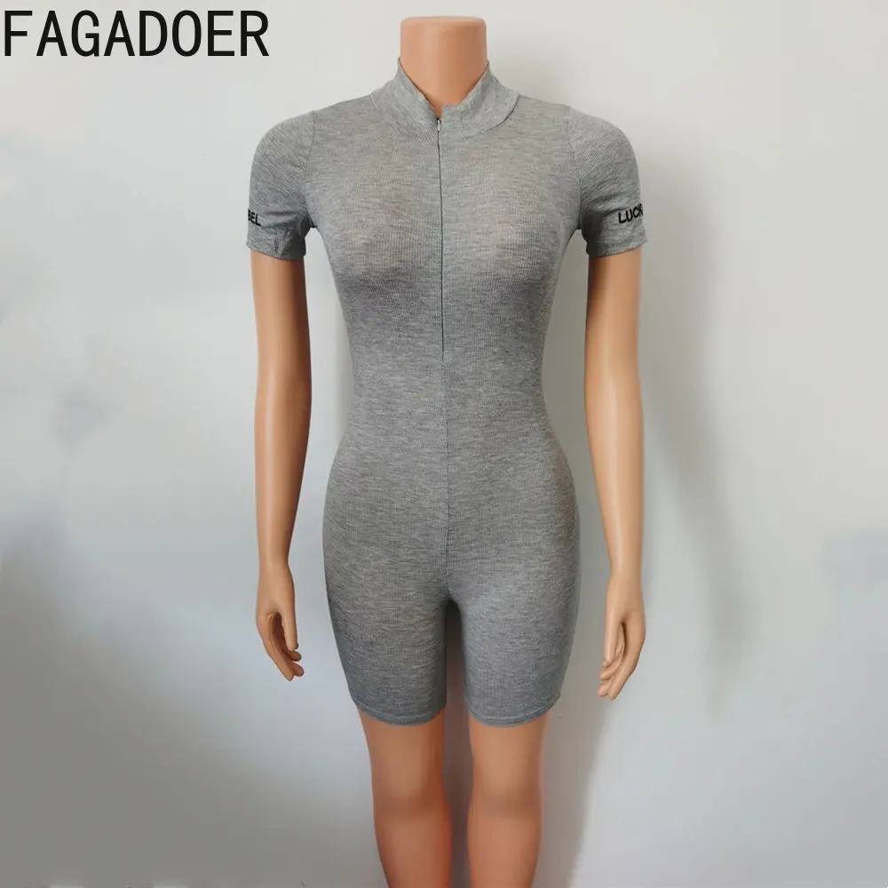 FAGADOER Sexy Letter Embroidery Bodycon Rompers Women Zipper High Elasticity Short Sleeve Jumpsuits Female Slim Solid Overalls