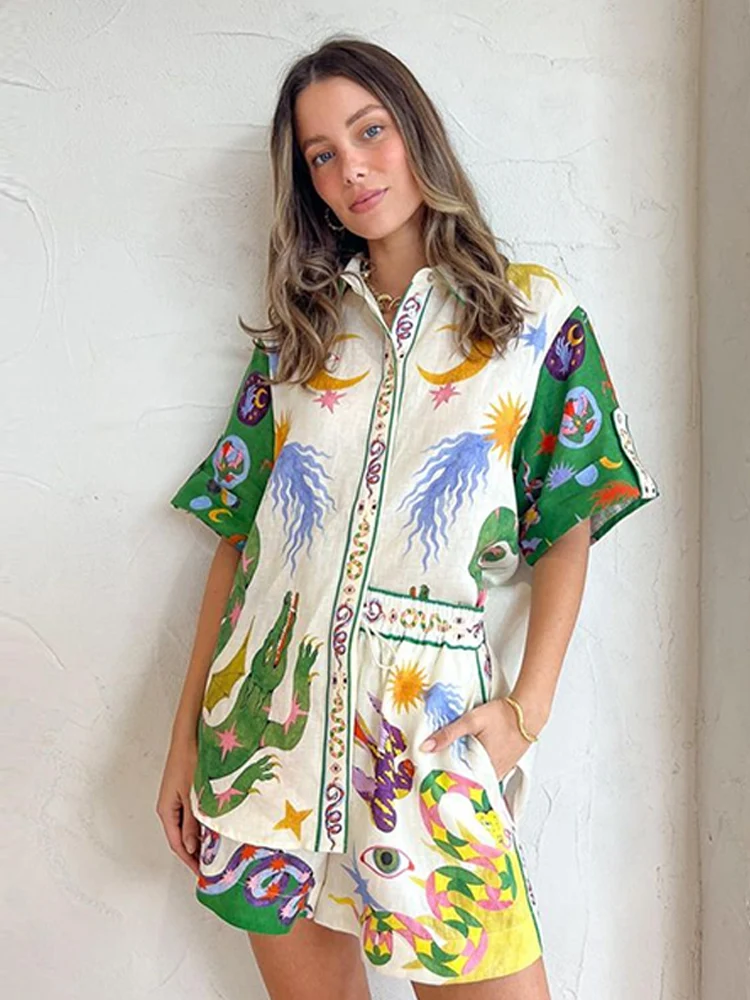 

Summer Print Women Beach Shirt Shorts Sets 2023 Holiday Casual Loose Lady Suits Short Sleeve Shirts Elastic Waist Shorts Set