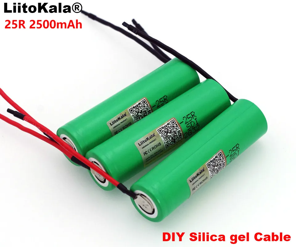 

6pcs/lot LiitoKala New 18650 2500mAh Rechargeable battery 3.6V INR18650-25R 20A discharge + DIY Silica gel Cable