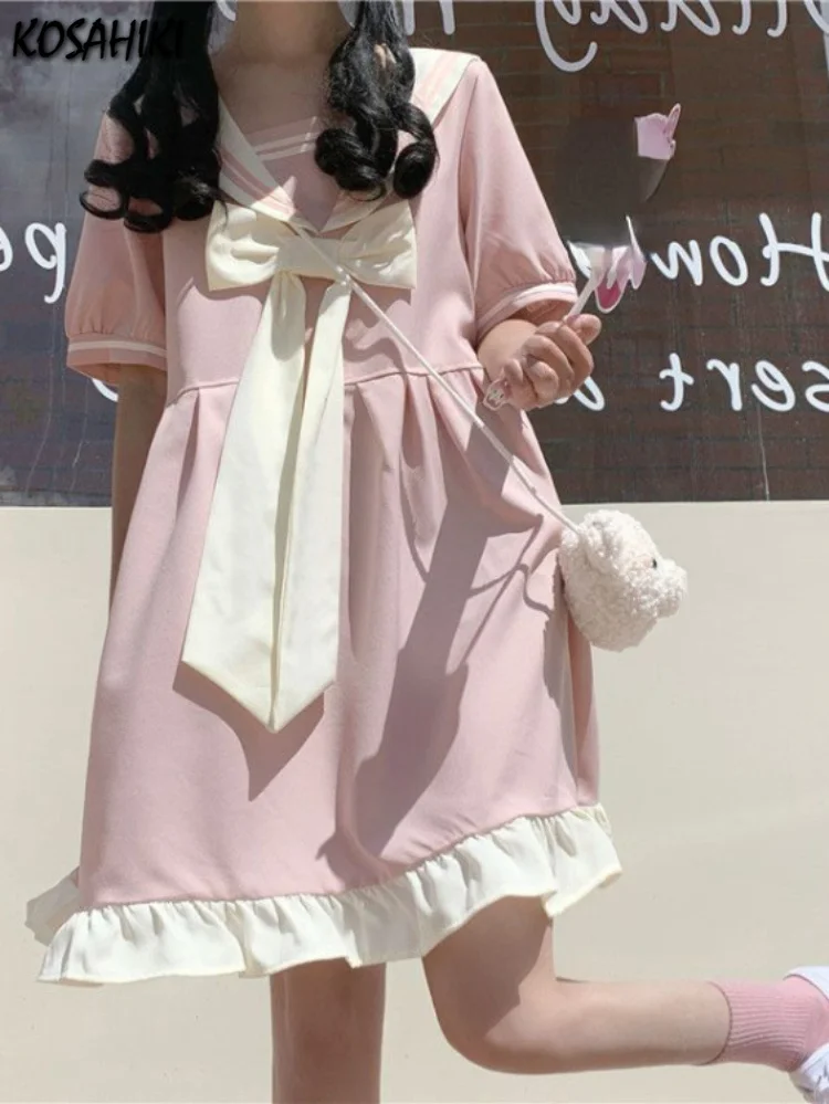 

Lolita Sweet Dress Women Patchwork Kawaii Short Sleeve Dress Female Korean Fashion Bow Cute Sailor Collar Ruffle Pink Vestido