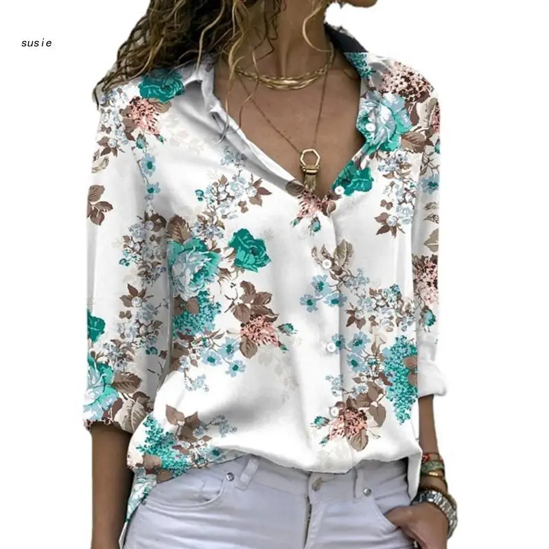 

X7YA Женские винтажные рубашки с длинным рукавом с цветочным принтом кардиган с воротником с лацканами V-образным вырезом на пуговицах свободный крой Туника Блузки Топ